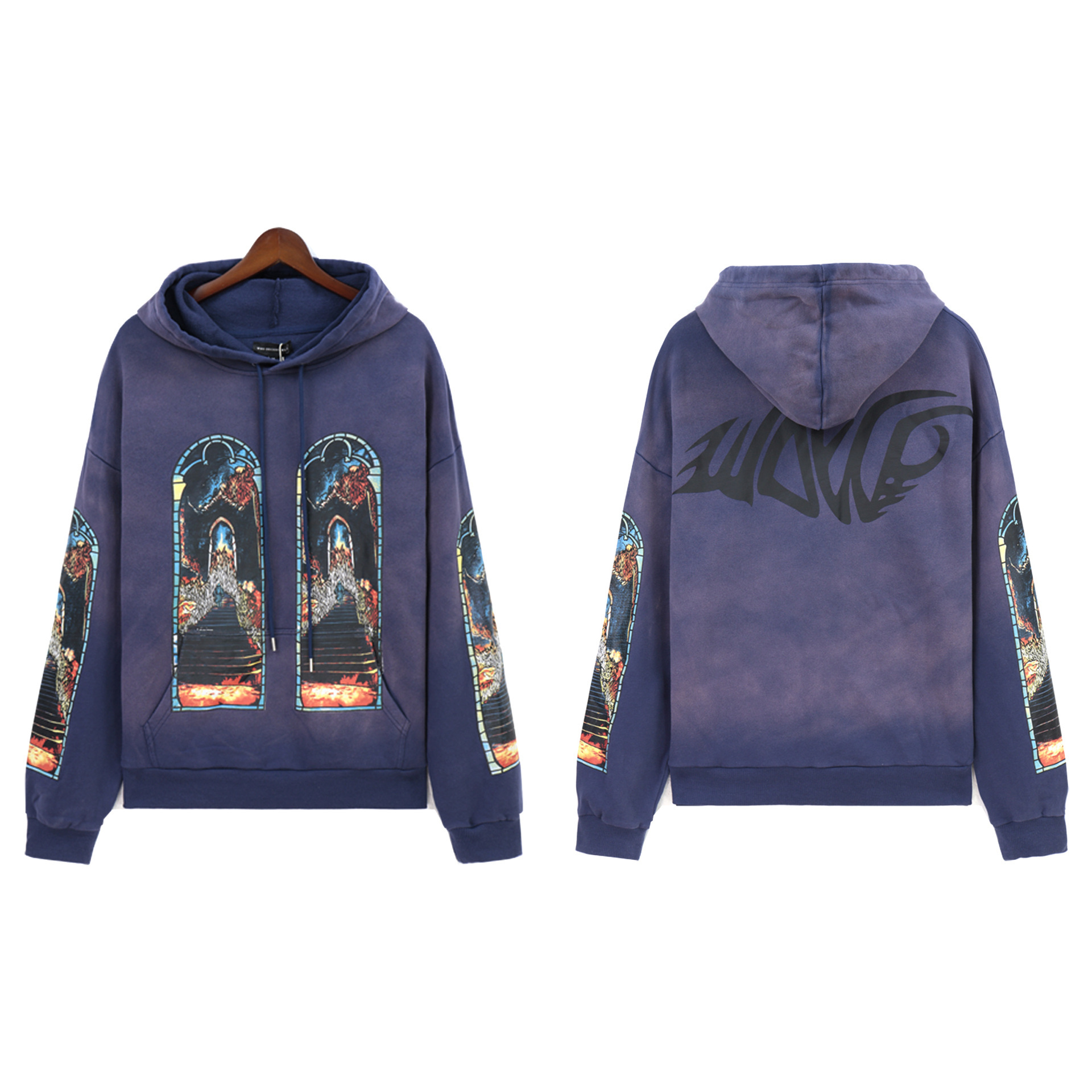 GorgeousBen Men's Vintage Washed Flame Print Hoodie Loose Fit Casual Streetwear Pullover Sweatshirt S-4XL