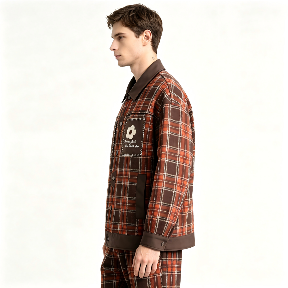 GrogeousBen   Unisex 2024 new American PU leather patchwork checkered niche lapel jacket men's and women's spring loose trend couple coat