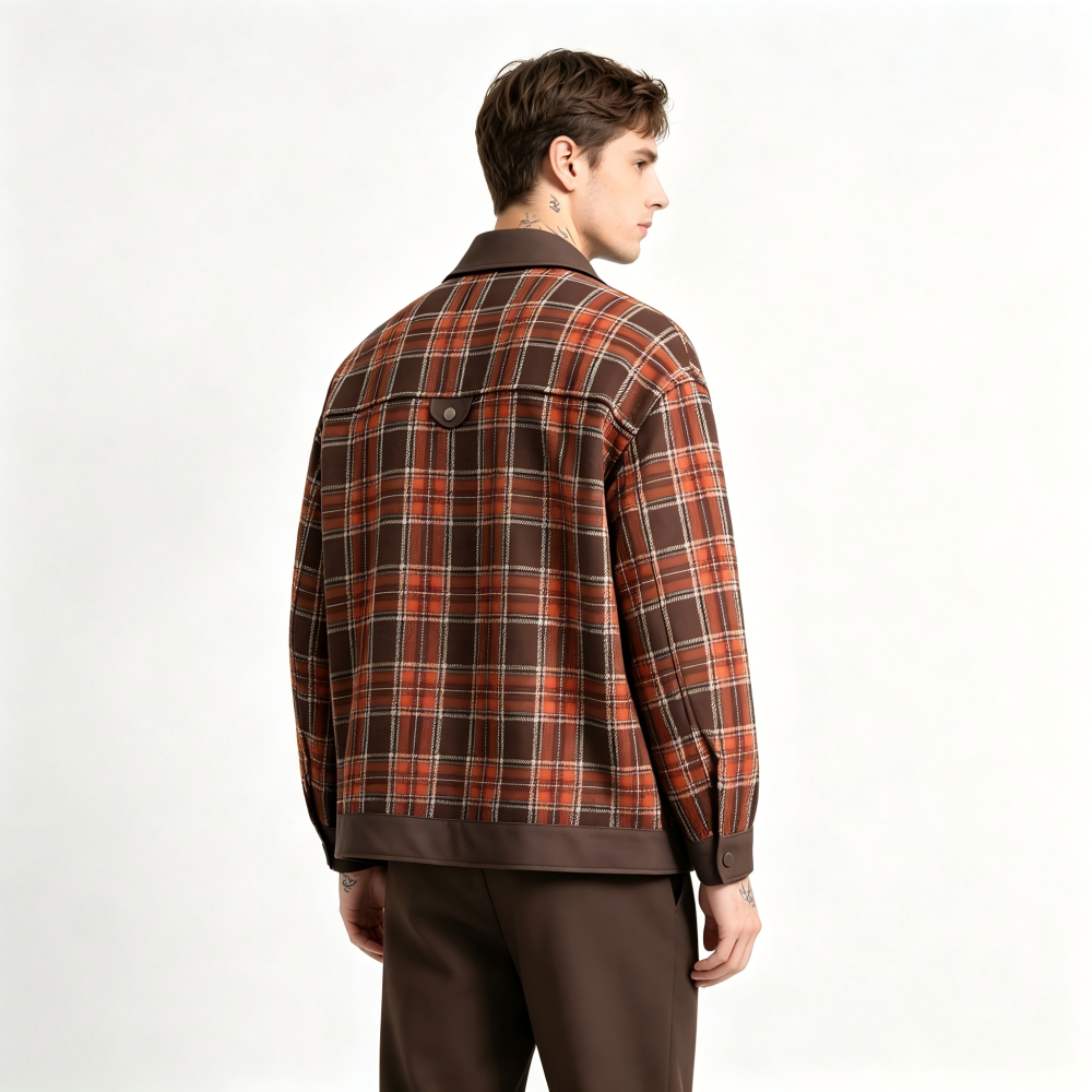 GrogeousBen   Unisex 2024 new American PU leather patchwork checkered niche lapel jacket men's and women's spring loose trend couple coat