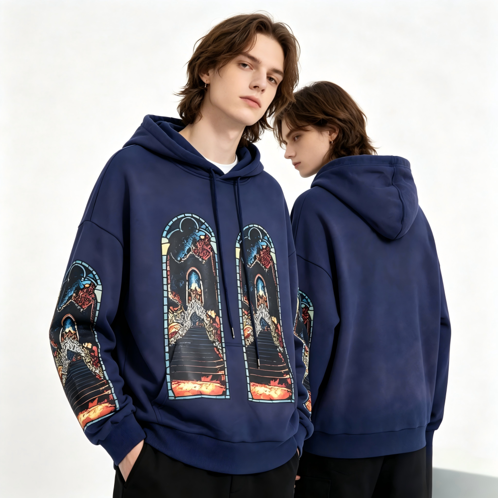 GorgeousBen Men's Vintage Washed Flame Print Hoodie Loose Fit Casual Streetwear Pullover Sweatshirt S-4XL