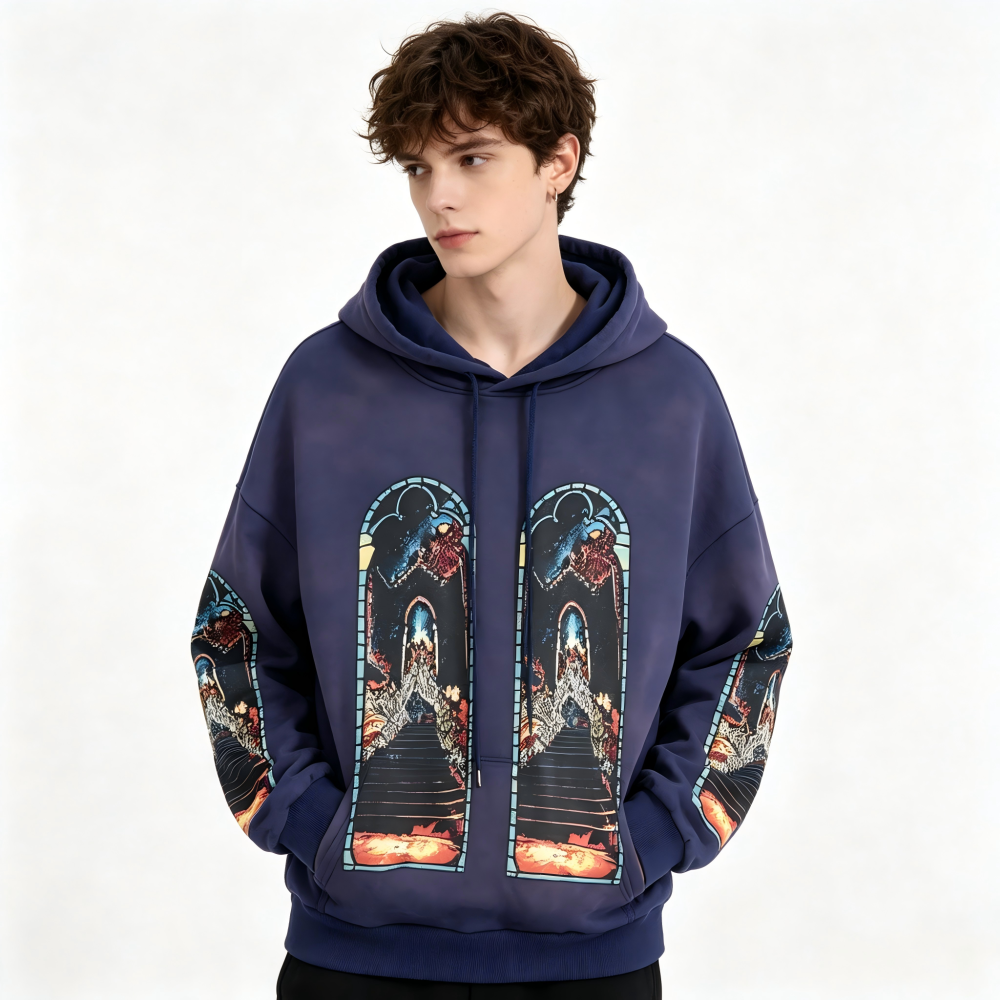 GorgeousBen Men's Vintage Washed Flame Print Hoodie Loose Fit Casual Streetwear Pullover Sweatshirt S-4XL