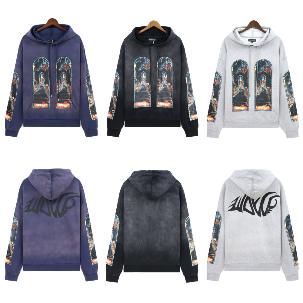 GorgeousBen Men's Vintage Washed Flame Print Hoodie Loose Fit Casual Streetwear Pullover Sweatshirt S-4XL