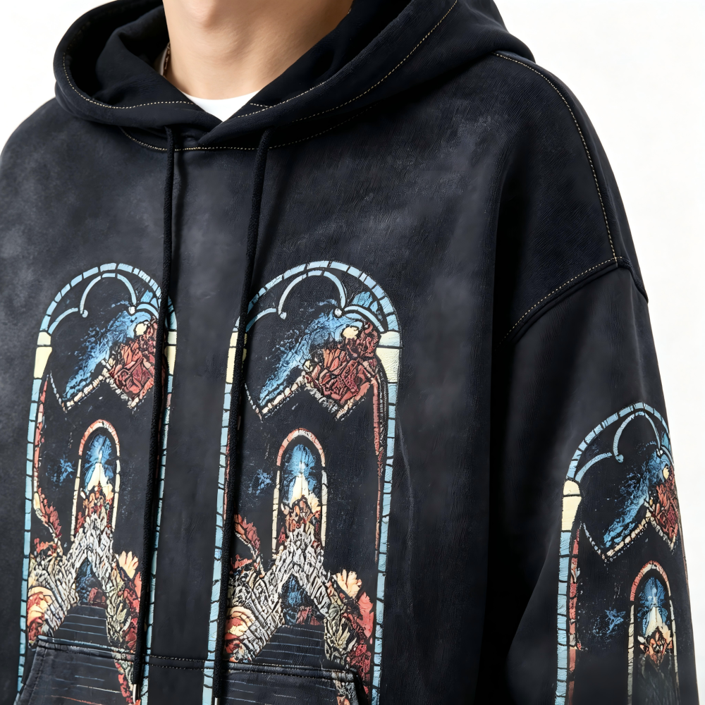GorgeousBen Men's Vintage Washed Flame Print Hoodie Loose Fit Casual Streetwear Pullover Sweatshirt S-4XL