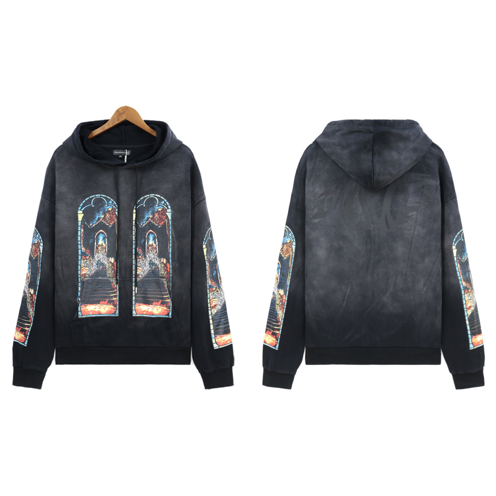 GorgeousBen Men's Vintage Washed Flame Print Hoodie Loose Fit Casual Streetwear Pullover Sweatshirt S-4XL