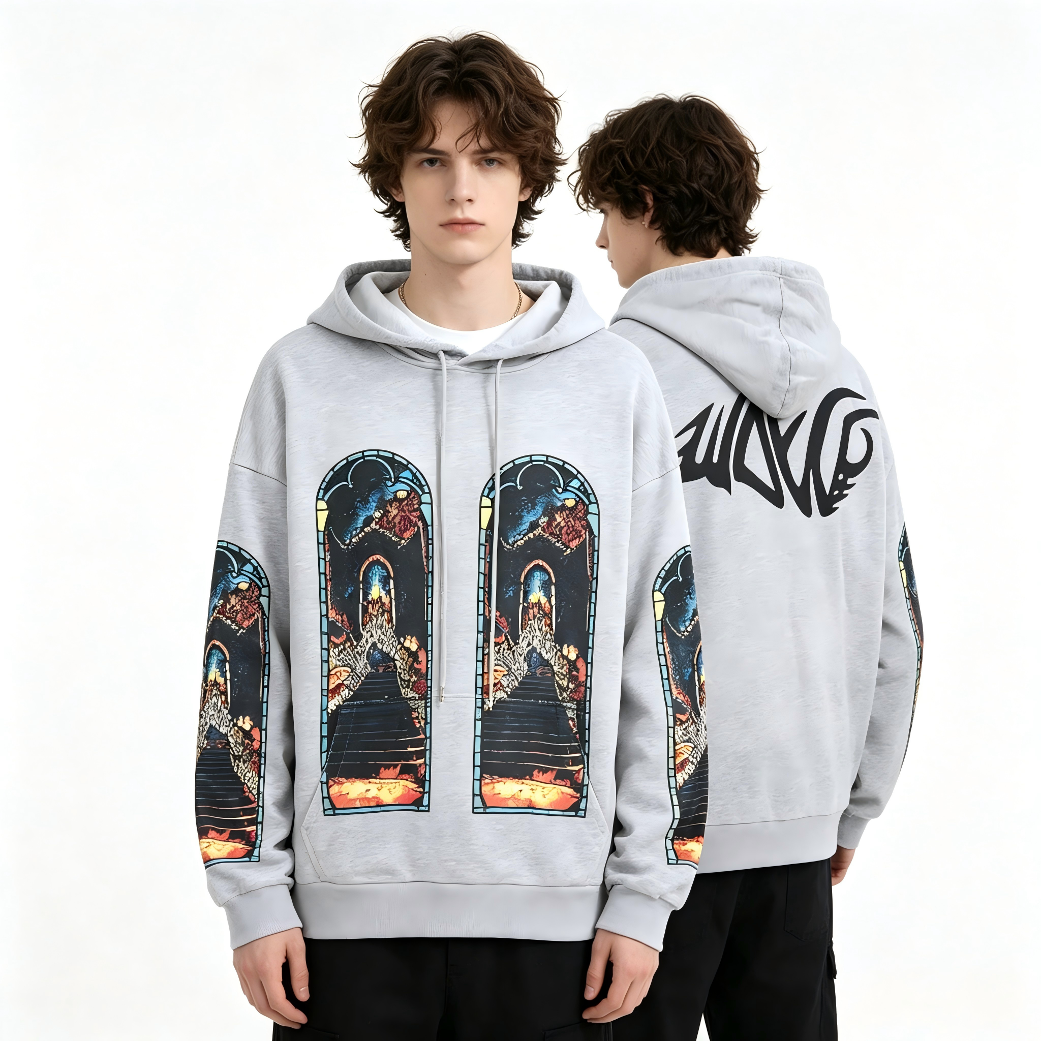 GorgeousBen Men's Vintage Washed Flame Print Hoodie Loose Fit Casual Streetwear Pullover Sweatshirt S-4XL