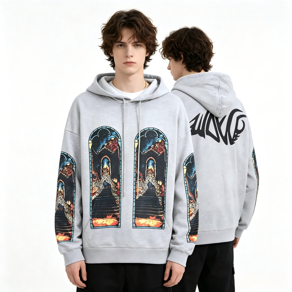 GorgeousBen Men's Vintage Washed Flame Print Hoodie Loose Fit Casual Streetwear Pullover Sweatshirt S-4XL