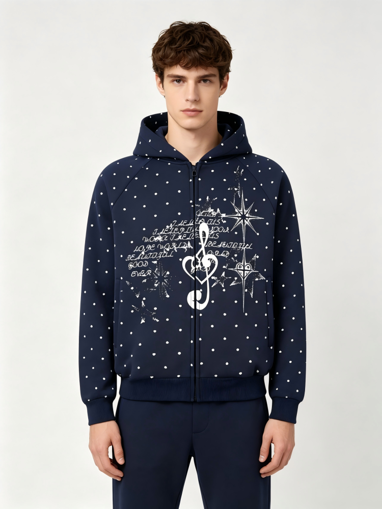 GorgeousBen Men's College Style Heart Polka Dot Print Hoodie Loose Zip-up Cardigan Spring Autumn Casual Versatile Navy/Grey Multi-color Available
