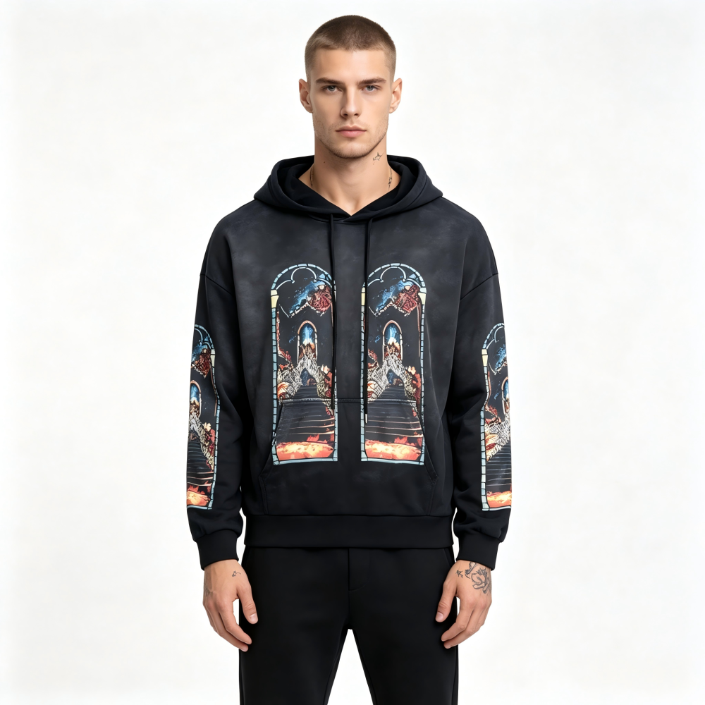 GorgeousBen Men's Vintage Washed Flame Print Hoodie Loose Fit Casual Streetwear Pullover Sweatshirt S-4XL
