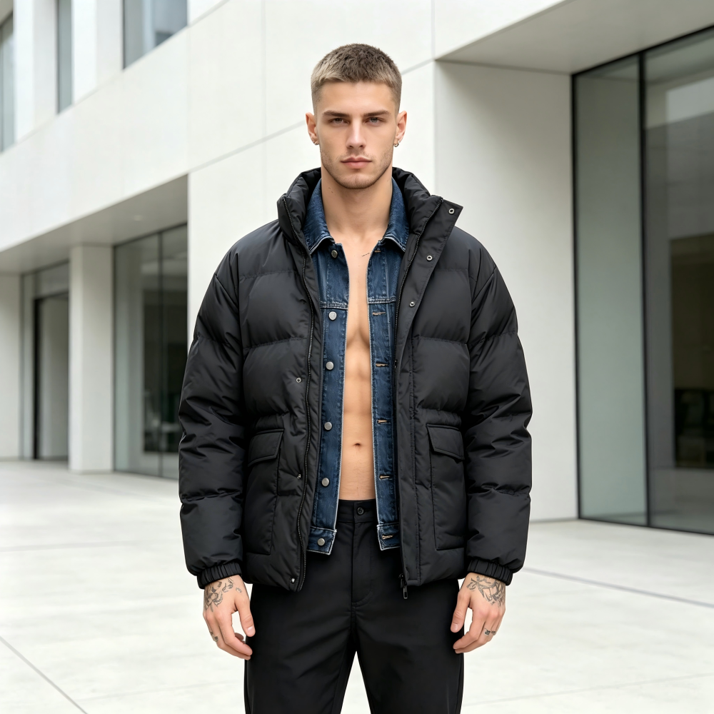 GorgeousBen Men's Denim Collar Puffer Jacket, Special Offer Loose Fit Winter Casual Coat