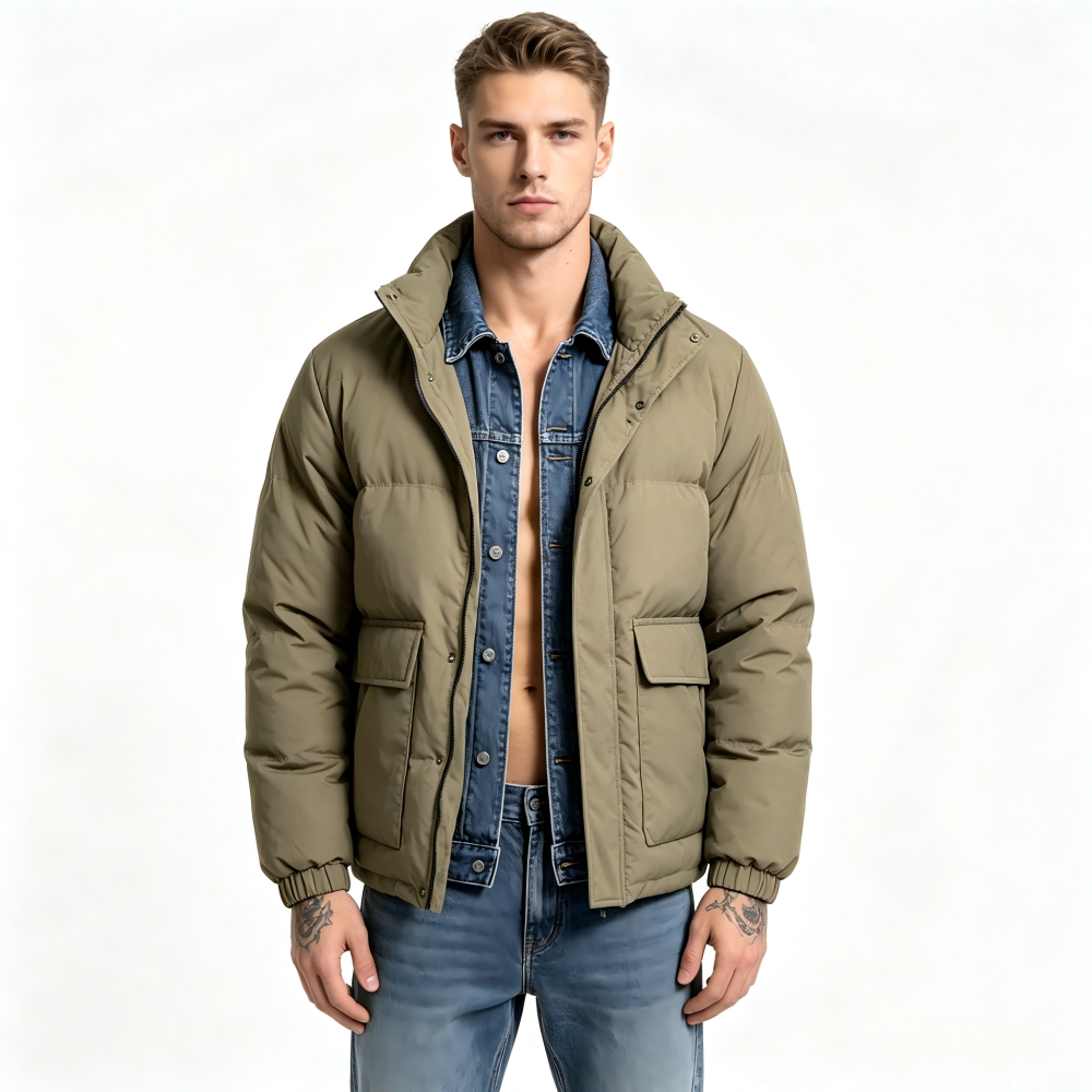 GorgeousBen Men's Denim Collar Puffer Jacket, Special Offer Loose Fit Winter Casual Coat