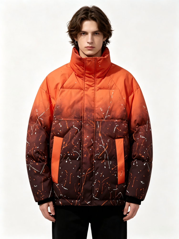 GorgeousBen Custom Winter Digital Gradient Splash Paint Down Jacket Men Women Streetwear Thickened White Duck Down Work Coat