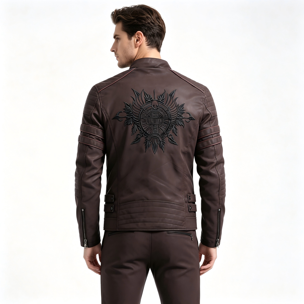 GorgeousBen New Men's Leather Jacket Fashion Trendy Men's Embroidered Velvet PU Wash and Velvet Explosive Leather Jacket Jacket.