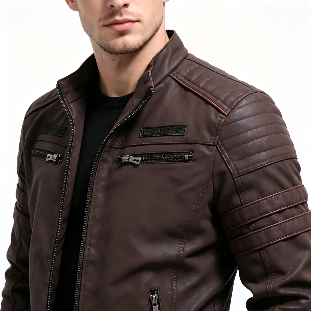 GorgeousBen New Men's Leather Jacket Fashion Trendy Men's Embroidered Velvet PU Wash and Velvet Explosive Leather Jacket Jacket.