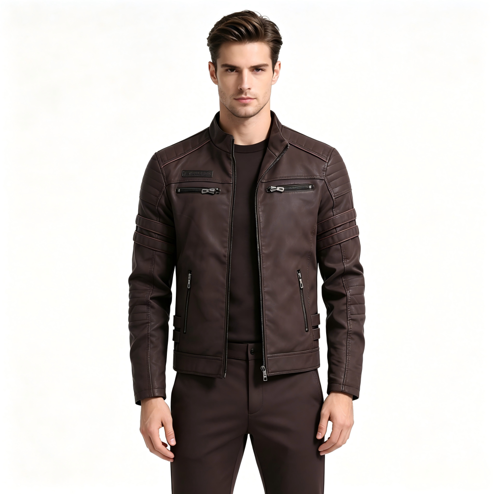 GorgeousBen New Men's Leather Jacket Fashion Trendy Men's Embroidered Velvet PU Wash and Velvet Explosive Leather Jacket Jacket.