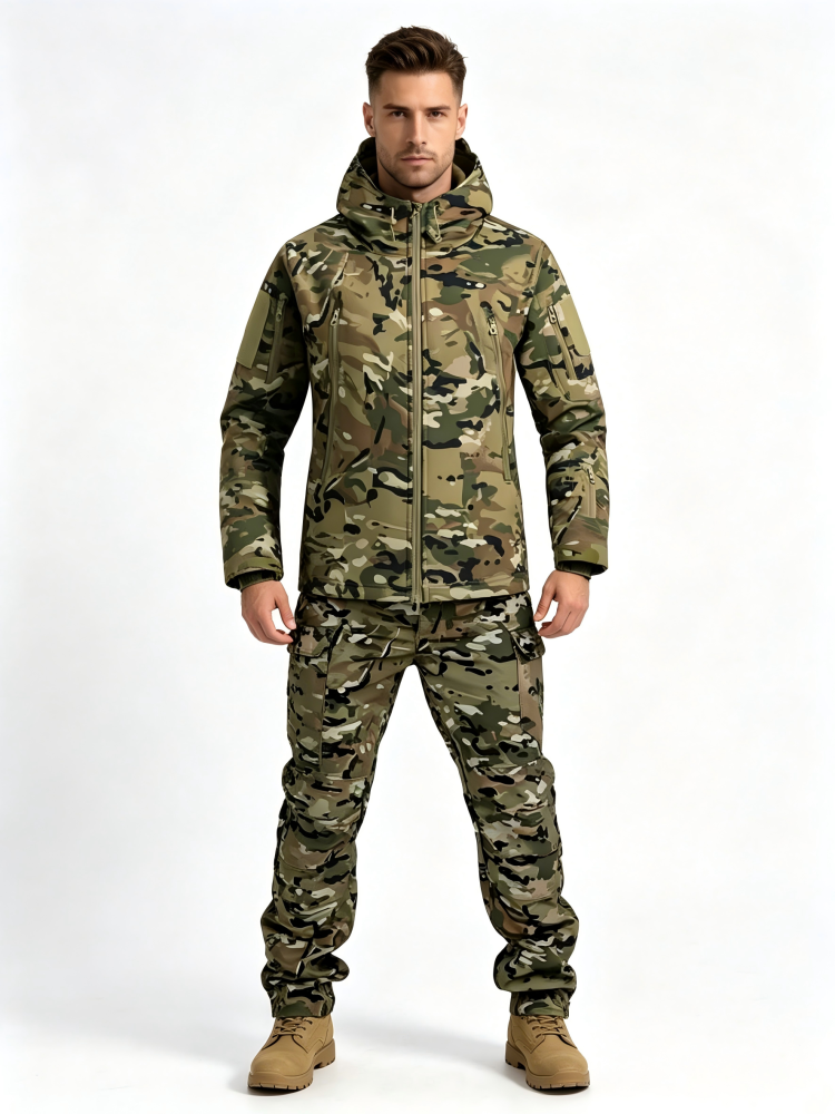GorgeousBen Men's Camo Fleece Tactical Set, Thermal Outdoor Training Suit