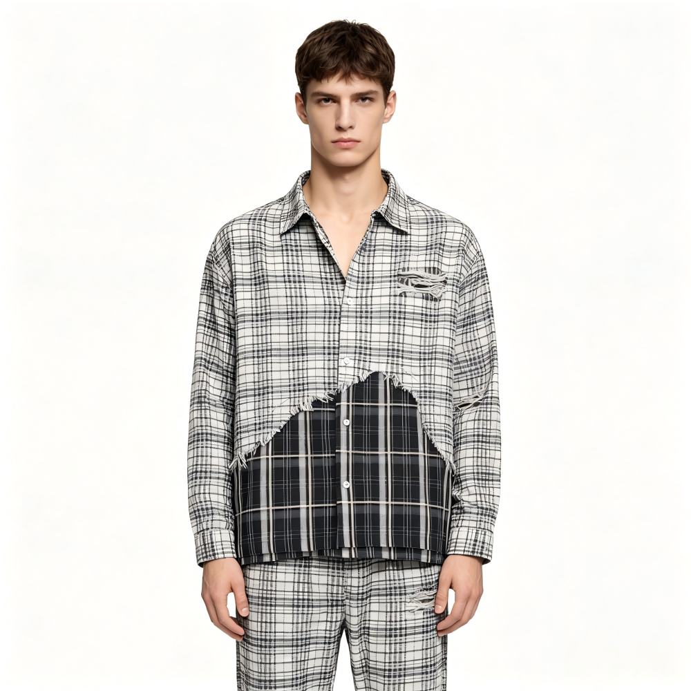 GorgeousBen Men’s Patchwork Plaid Shirt Distressed Oversized