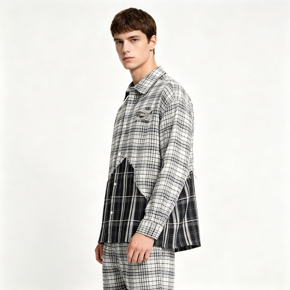 GorgeousBen Men’s Patchwork Plaid Shirt Distressed Oversized