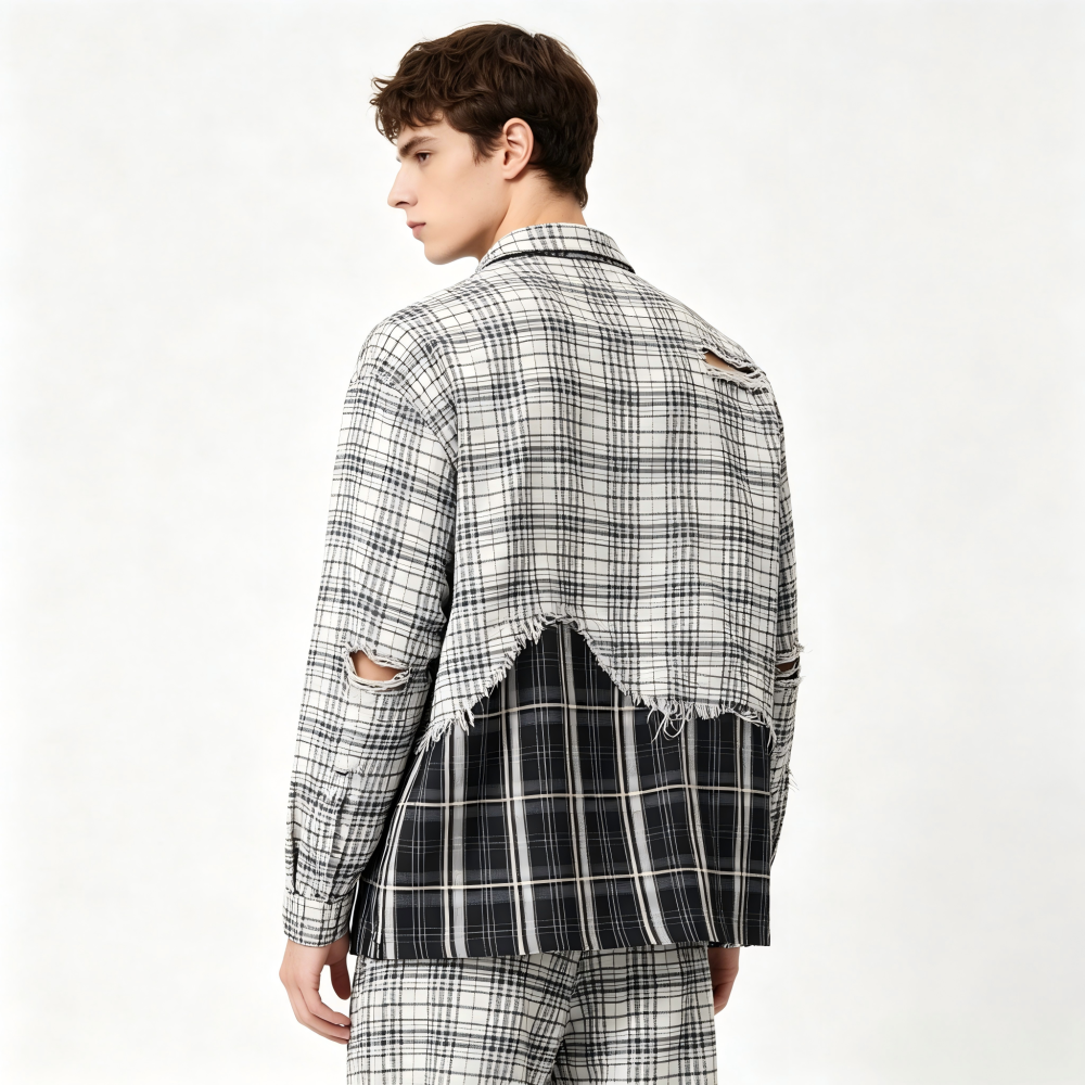 GorgeousBen Men’s Patchwork Plaid Shirt Distressed Oversized