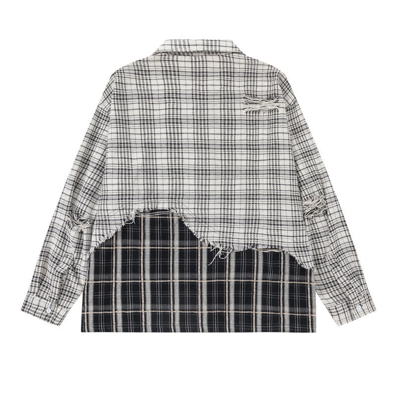 GorgeousBen Men’s Patchwork Plaid Shirt Distressed Oversized