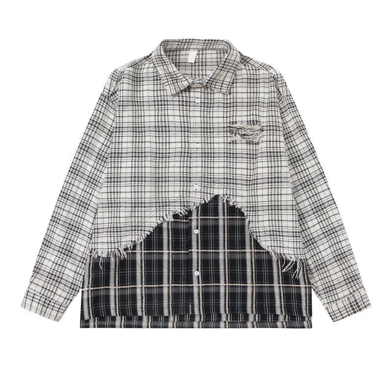 GorgeousBen Men’s Patchwork Plaid Shirt Distressed Oversized