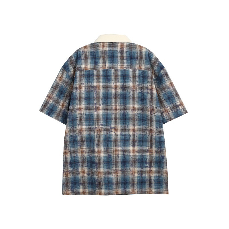 GorgeousBen Men's American Retro Plaid Short Sleeve Shirt Patchwork Loose Fit
