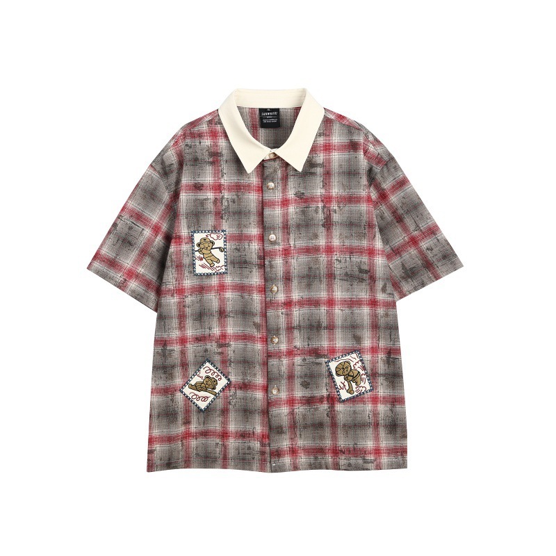 GorgeousBen Men's American Retro Plaid Short Sleeve Shirt Patchwork Loose Fit