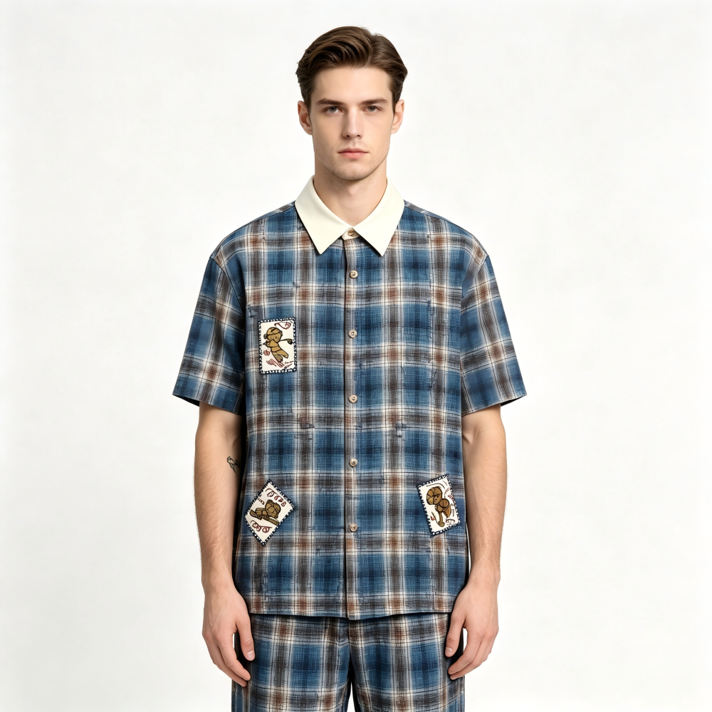 GorgeousBen Men's American Retro Plaid Short Sleeve Shirt Patchwork Loose Fit