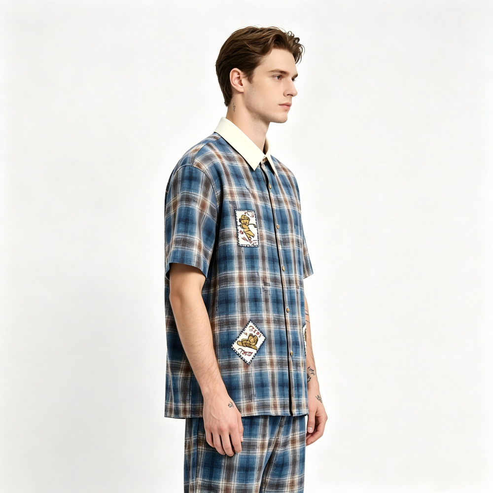 GorgeousBen Men's American Retro Plaid Short Sleeve Shirt Patchwork Loose Fit
