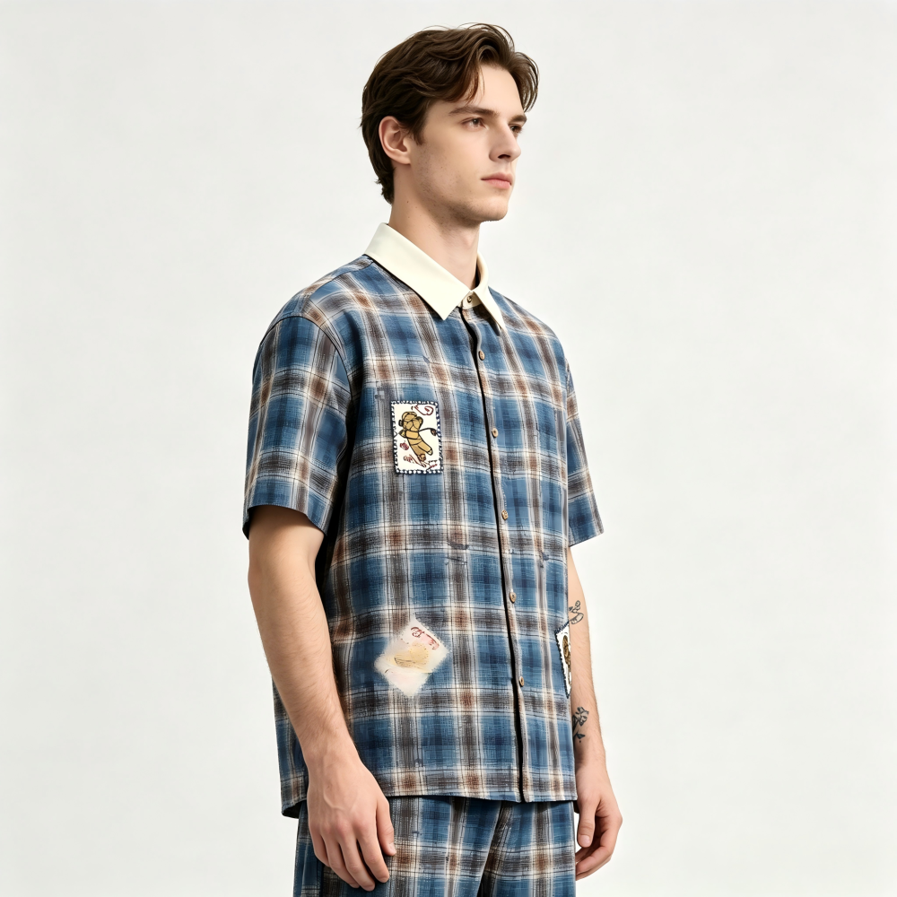 GorgeousBen Men's American Retro Plaid Short Sleeve Shirt Patchwork Loose Fit