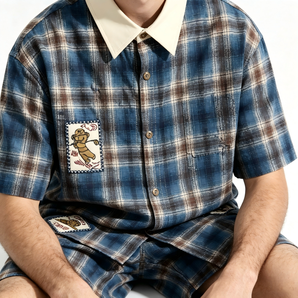 GorgeousBen Men's American Retro Plaid Short Sleeve Shirt Patchwork Loose Fit