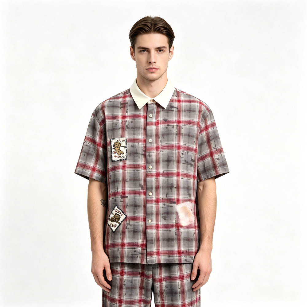 GorgeousBen Men's American Retro Plaid Short Sleeve Shirt Patchwork Loose Fit