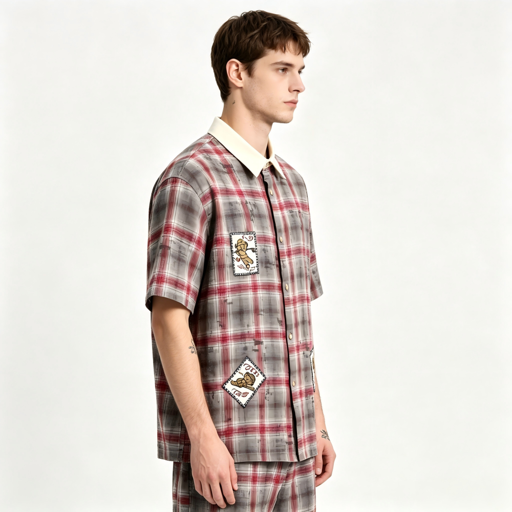 GorgeousBen Men's American Retro Plaid Short Sleeve Shirt Patchwork Loose Fit