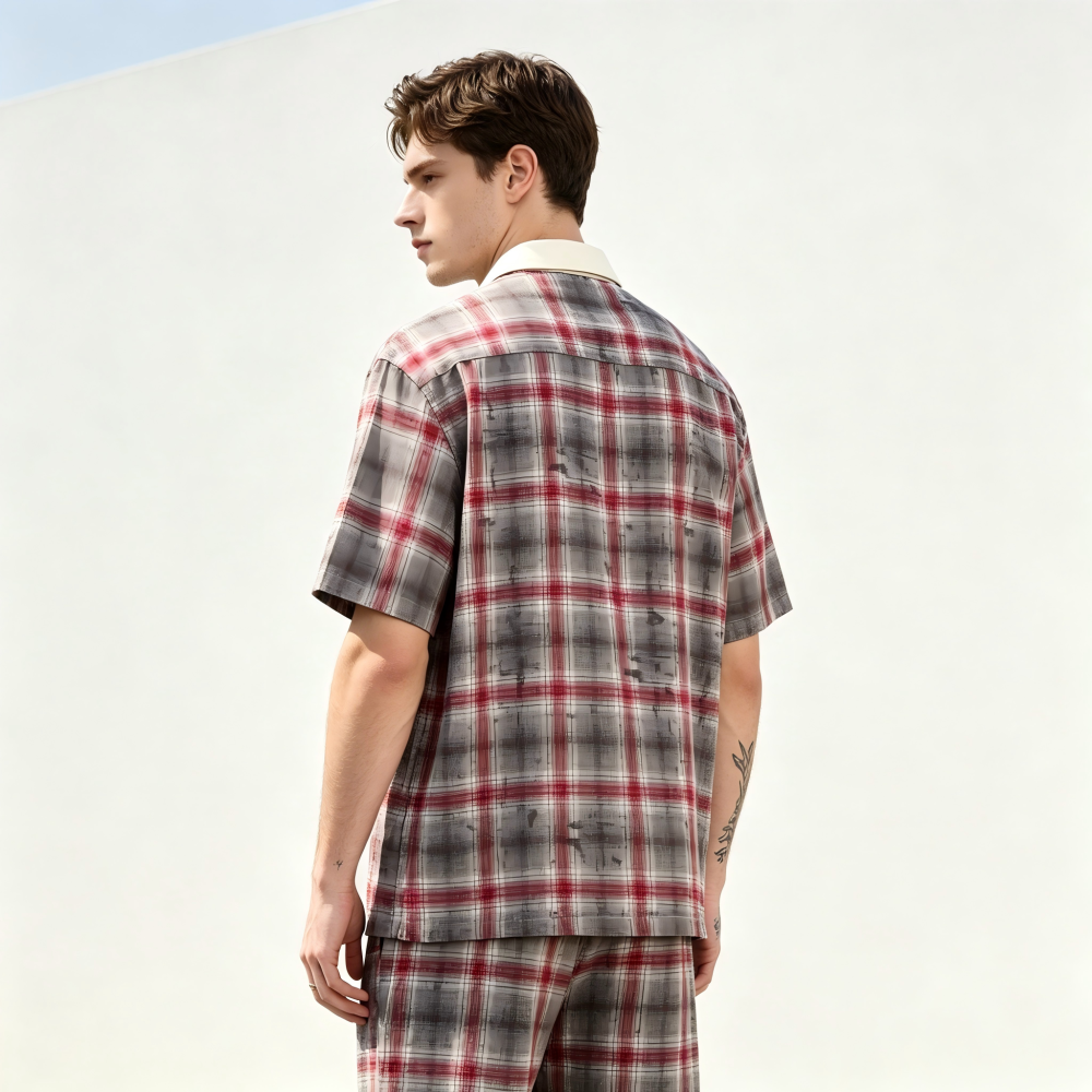 GorgeousBen Men's American Retro Plaid Short Sleeve Shirt Patchwork Loose Fit