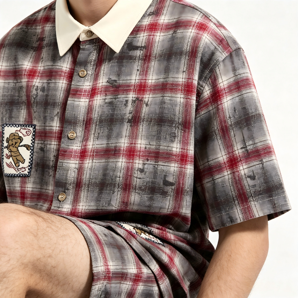 GorgeousBen Men's American Retro Plaid Short Sleeve Shirt Patchwork Loose Fit