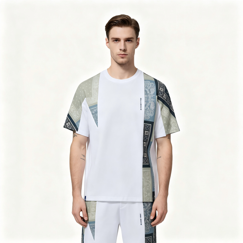 GorgeousBen Men's Bandana Patchwork T-Shirt Casual Loose Fit Streetwear Tee