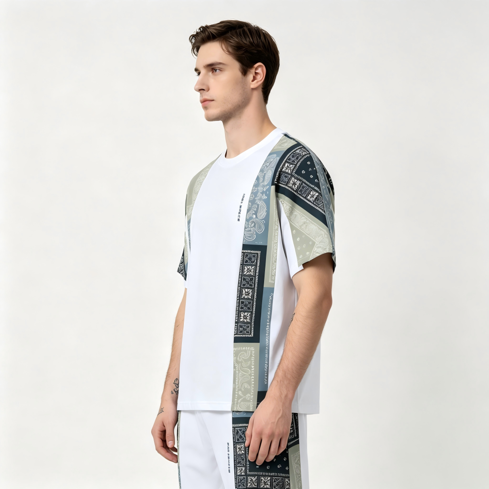 GorgeousBen Men's Bandana Patchwork T-Shirt Casual Loose Fit Streetwear Tee