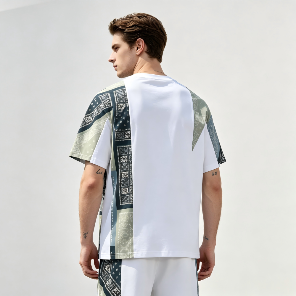 GorgeousBen Men's Bandana Patchwork T-Shirt Casual Loose Fit Streetwear Tee
