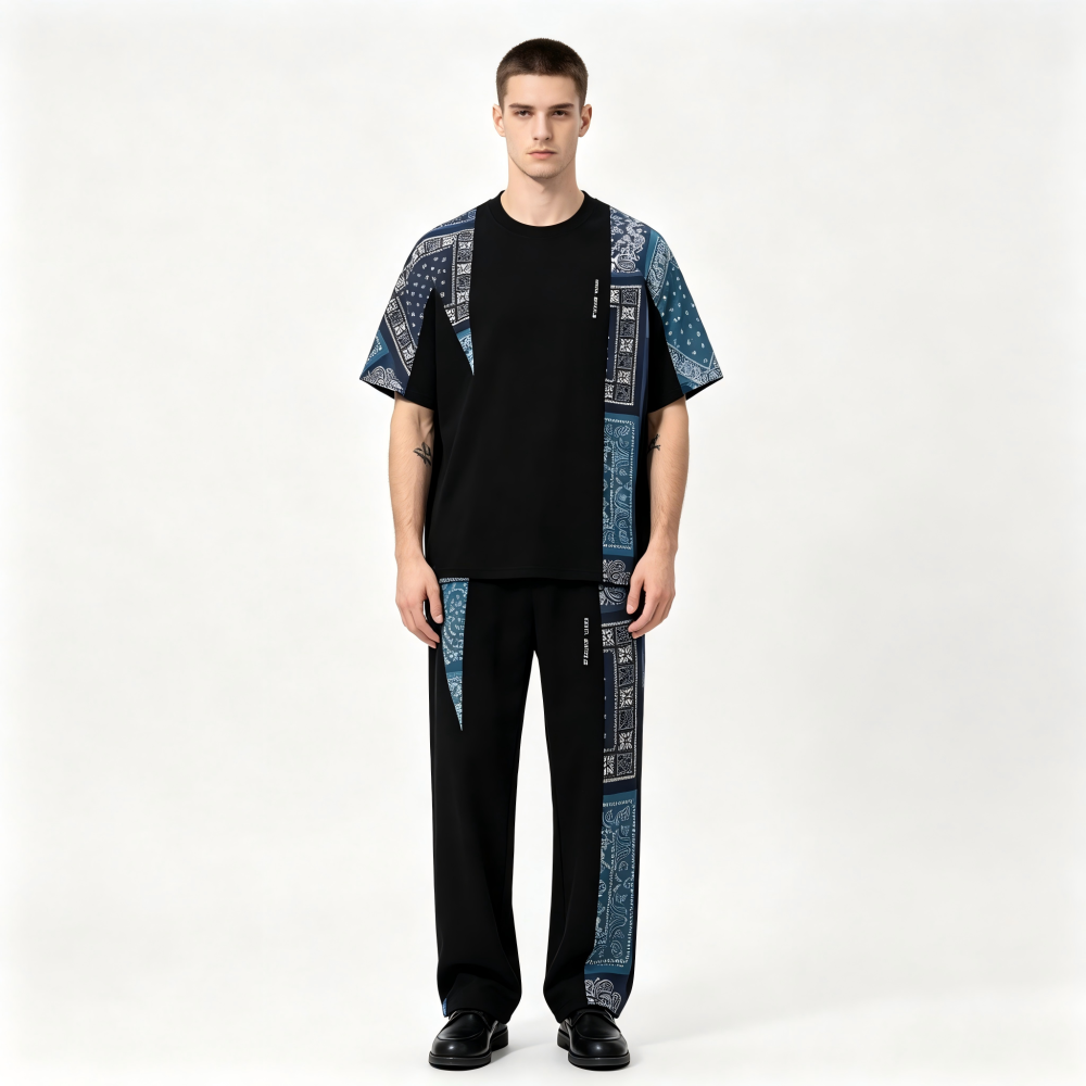 GorgeousBen Men's Bandana Patchwork T-Shirt Casual Loose Fit Streetwear Tee