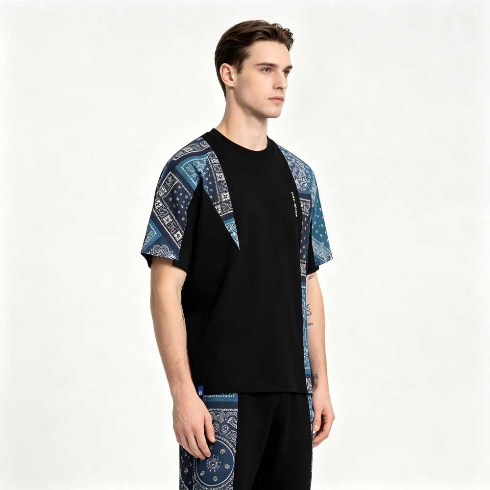 GorgeousBen Men's Bandana Patchwork T-Shirt Casual Loose Fit Streetwear Tee