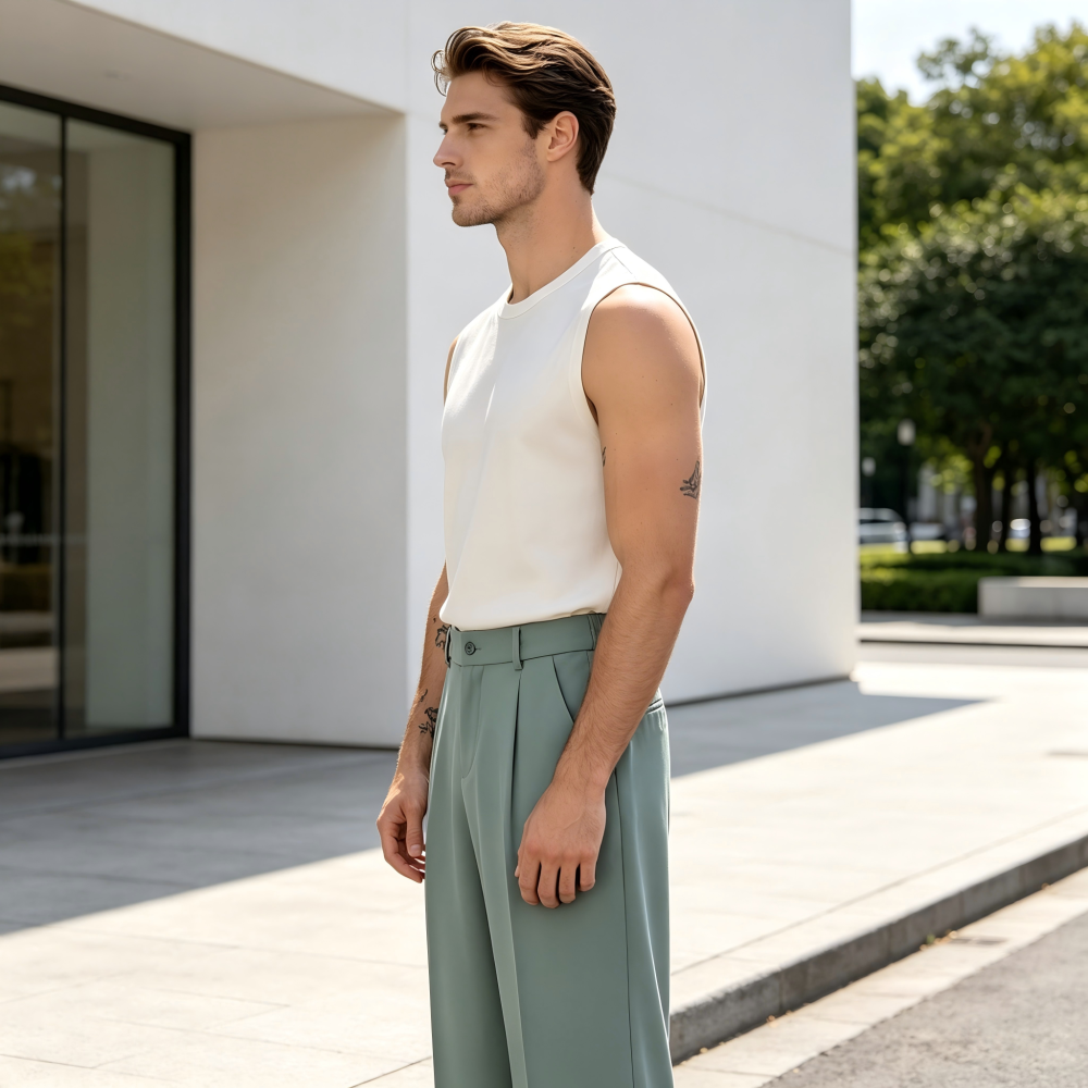GrogeousBen Men's  Sag High Waist Wide Spring Summer Leg Pants Straight Loose Suit Pant MoppingTrousers
