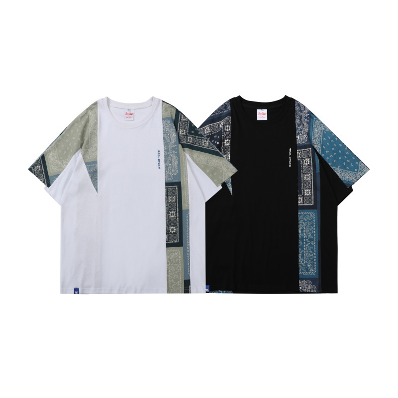 GorgeousBen Men's Bandana Patchwork T-Shirt Casual Loose Fit Streetwear Tee