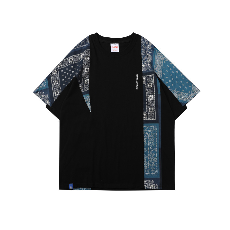 GorgeousBen Men's Bandana Patchwork T-Shirt Casual Loose Fit Streetwear Tee