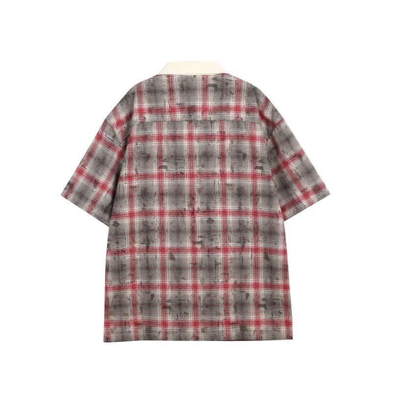GorgeousBen Men's American Retro Plaid Short Sleeve Shirt Patchwork Loose Fit