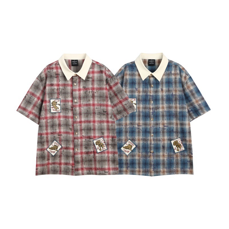 GorgeousBen Men's American Retro Plaid Short Sleeve Shirt Patchwork Loose Fit