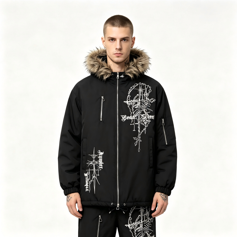 GorgeousBen Men's American Retro Embroidered Hooded Parka, Loose Fit, Black Winter Coat