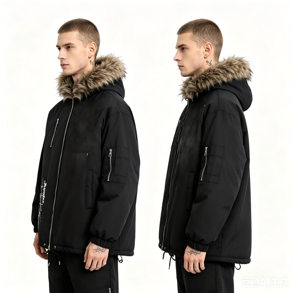 GorgeousBen Men's American Retro Embroidered Hooded Parka, Loose Fit, Black Winter Coat