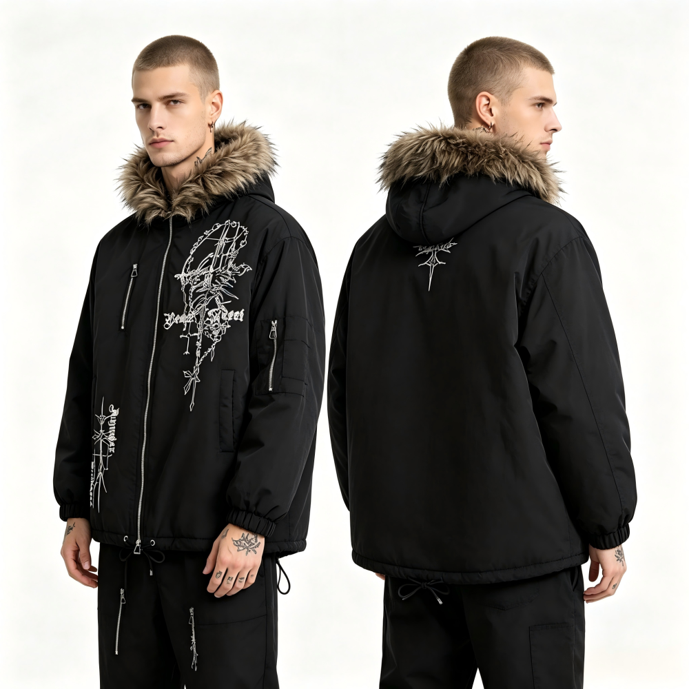 GorgeousBen Men's American Retro Embroidered Hooded Parka, Loose Fit, Black Winter Coat