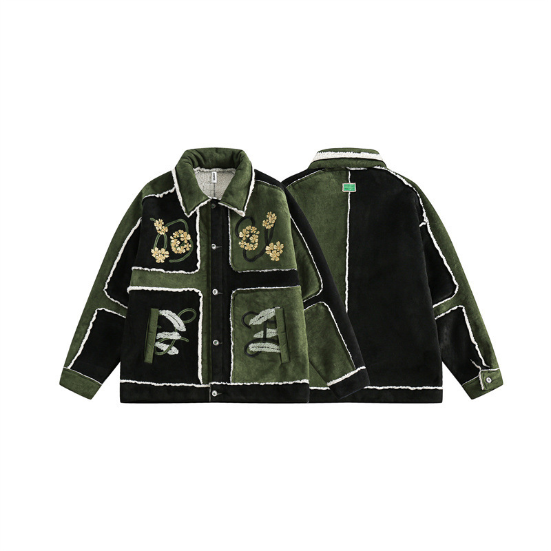 GorgeousBen Men's Retro Color Block Embroidery Cotton-Padded Jacket, Warm Thick Winter Coat