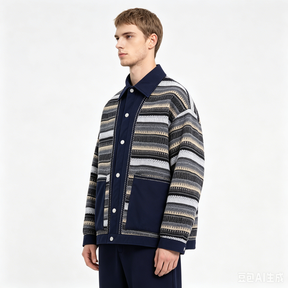 GorgeousBen Men's Retro Striped Patchwork Cotton-Padded Jacket, Loose Winter Coat