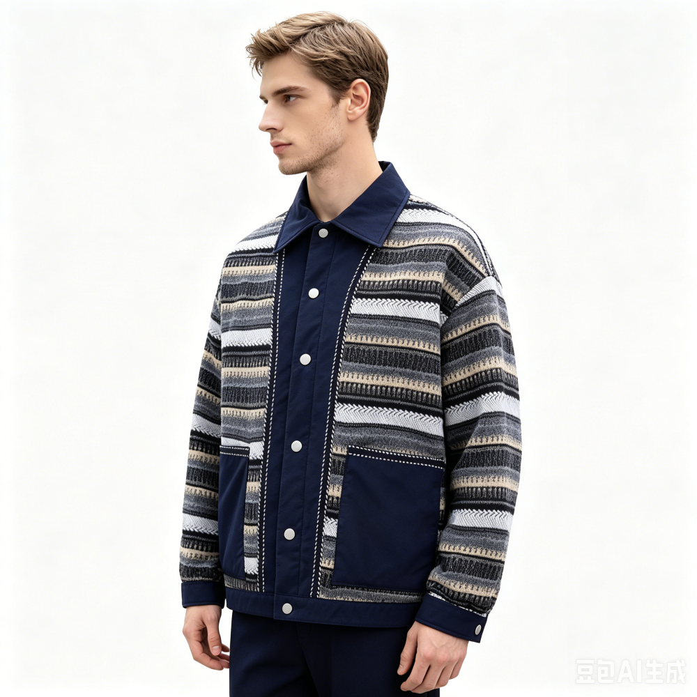 GorgeousBen Men's Retro Striped Patchwork Cotton-Padded Jacket, Loose Winter Coat